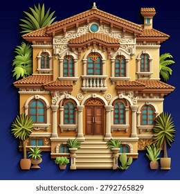 Mediterranean paper cut style vector illustration of a luxury villa with terracotta roof, ornate balconies and tropical plants. Elegant 3D colonial house design. Hand drawn, not AI