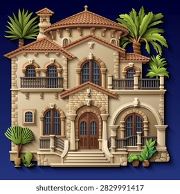 Mediterranean paper cut style vector illustration of a luxury villa with terracotta roof, ornate balconies and tropical plants. Elegant 3D colonial house design. Hand drawn, not AI 