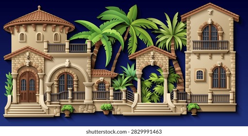 Mediterranean paper cut style vector illustration of a luxury villa with terracotta roof, ornate balconies and tropical plants. Elegant 3D colonial house design. Hand drawn, not AI 