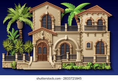 Mediterranean paper cut style vector illustration of a luxury villa with terracotta roof, ornate balconies and tropical plants. Elegant 3D colonial house design. Hand drawn, not AI 