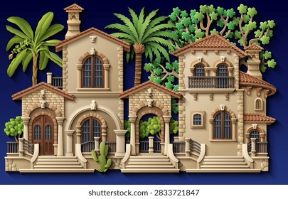 Mediterranean paper cut style vector illustration of a luxury villa with terracotta roof, ornate balconies and tropical plants. Elegant 3D colonial house design. Hand drawn, not AI 
