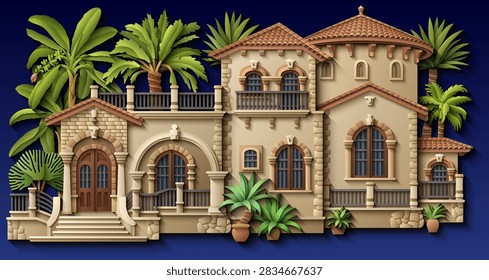 Mediterranean paper cut style vector illustration of a luxury villa with terracotta roof, ornate balconies and tropical plants. Elegant 3D colonial house design. Hand drawn, not AI 