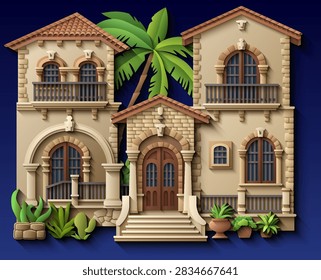 Mediterranean paper cut style vector illustration of a luxury villa with terracotta roof, ornate balconies and tropical plants. Elegant 3D colonial house design. Hand drawn, not AI 
