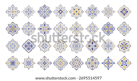 Mediterranean patterns big set. Blue yellow Spanish, Portuguese, Sicilian, Italian motifs on white background. Floral mosaic design. Geometric ethnic ornaments for ceramic. Vector illustration