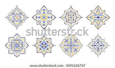 Mediterranean patterns set. Blue yellow traditional Spanish, Portuguese, Sicilian, Italian motifs on white background. Floral mosaic design. Geometric ethnic ornament for ceramic. Vector illustration