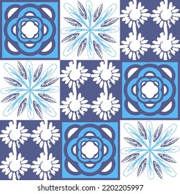 Mediterranean porcelain tiles, blue pattern for wall decoration, azulejo talavera spanish style geometric symmetrical illustration