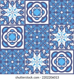 Mediterranean porcelain tiles, blue pattern for wall decoration, azulejo talavera spanish style geometric symmetrical illustration