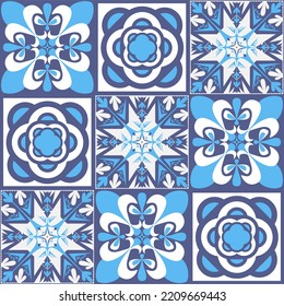 Mediterranean porcelain tiles, blue pattern for wall decoration, azulejo talavera spanish style geometric symmetrical illustration