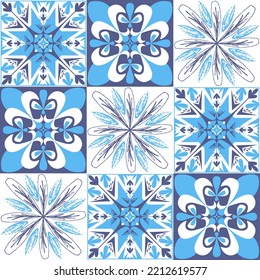 Mediterranean porcelain tiles, blue pattern for wall decoration, azulejo talavera spanish style geometric symmetrical illustration