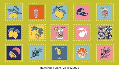 Colagem de carimbo postal mediterrâneo. Limões, coquetéis, azeitonas, conchas e ícones de ondas em quadros retrô coloridos. Verão dolce vita vibe para arte de parede e papelaria