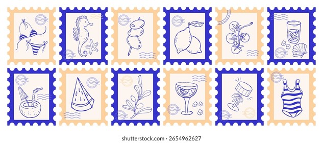 Carimbos de correio mediterrâneo set. la dolce vita desenho estético. Isolado Vintage Verão praia Amarelo azul Trendy vertical Carimbos Esboço da mão. Ilustração vetorial. Não é IA