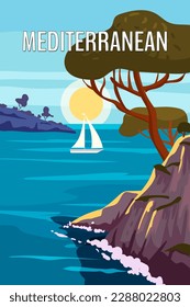 Mediterranean Poster, landscape sea vacation Europe. Mountaines, trees, harbor, sailboat, sunset. Travel holiday summer voyage. Vintage style vector illustration