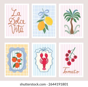 Mediterranean posters, cards, backgrounds with summer aesthetic elements, lemons, cherry tomatoes, lobster, vector illustration in retro style