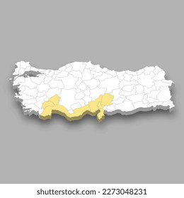 Mediterranean region location within Turkey 3d isometric map