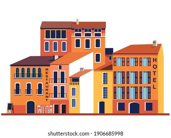 mediterranean retro cityscape with hotel and restaurant