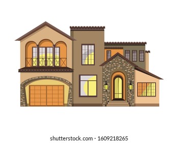 Mediterranean Revival Architecture. Mediterranean Style Home. House With Garage And Open Balcony. Street Lights.