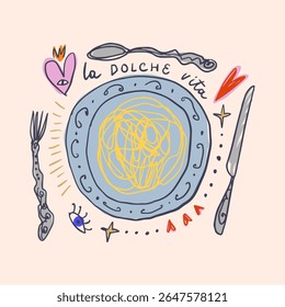 Mediterranean romantic food aesthetic cute hand drawn pasta spaghetti lettering print Italian elements, summer vacation positive vibe mood. La dolce vita doodle text inscription, perfect for cafe and