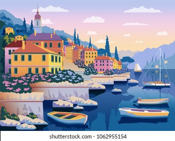 Mediterranean romantic landscape. Handmade drawing vector illustration. All buildings - customizable different objects. Can be used for posters, banners, postcards, books & etc.