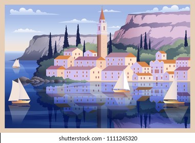 Mediterranean romantic landscape. Handmade drawing vector illustration. All buildings - customizable different objects. Can be used for posters, banners, postcards, books & etc.