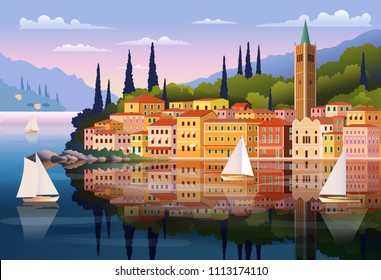 Mediterranean romantic landscape. Handmade drawing vector illustration.  Can be used for posters, banners, postcards, books & etc.