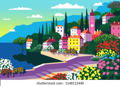 Mediterranean romantic landscape. Handmade drawing vector illustration. All buildings - customizable different objects. Can be used for posters, banners, postcards, books & etc.