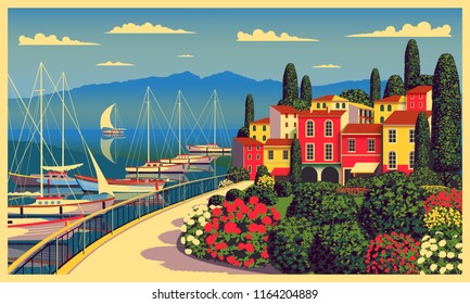 Mediterranean romantic landscape. Handmade drawing vector illustration. All buildings - customizable different objects. Can be used for posters, banners, postcards, books & etc.