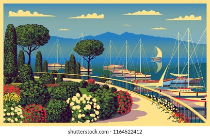 Mediterranean romantic landscape. Handmade drawing vector illustration. Can be used for posters, banners, postcards, books & etc.