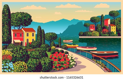 Mediterranean romantic landscape. Handmade drawing vector illustration. Can be used for posters, banners, postcards, books & etc.