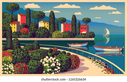 Mediterranean romantic landscape. Handmade drawing vector illustration. Can be used for posters, banners, postcards, books & etc.