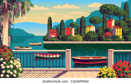 Mediterranean romantic landscape. Handmade drawing vector illustration. Can be used for posters, banners, postcards, books & etc.