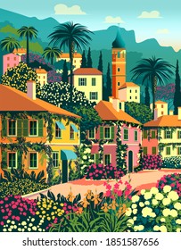 Mediterranean romantic landscape. Handmade drawing vector illustration. Retro poster. Can be used for posters, banners, postcards, books & etc.