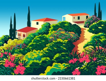 Mediterranean romantic landscape. Handmade drawing vector illustration.