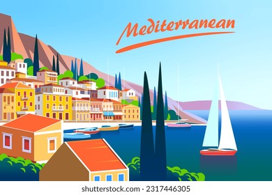 Mediterranean romantic landscape. Handmade drawing vector illustration. Can be used for posters, banners, postcards, books etc.