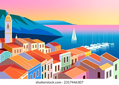 El paisaje romántico mediterráneo. Ilustración de vector de dibujo hecha a mano. Se puede usar para afiches, pancartas, postales, libros, etc.