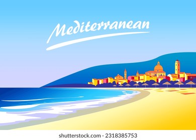 Mediterranean romantic landscape. Handmade drawing vector illustration. Can be used for posters, banners, postcards, books etc.