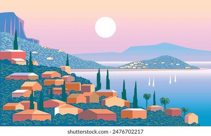 Mediterranean romantic landscape. Handmade drawing vector illustration. Can be used for posters, banners, postcards, books, etc.