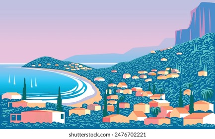 Mediterranean romantic landscape with houses in the first plan, sea and islands in the background. Handmade drawing vector illustration. Can be used for posters, banners, postcards, books, etc.