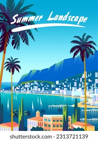 Mediterranean romantic landscape with palms and buildings in the first plan, sea and mountains in the background. Handmade drawing vector illustration. Retro style poster.