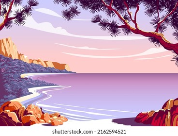 Mediterranean romantic landscape with pine trees,  cliffs, mountains and the sea in the background. Handmade drawing vector illustration. Retro style poster.