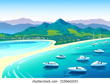 Mediterranean romantic landscape with sea, yachts and mountains in the background. Handmade drawing vector illustration. 