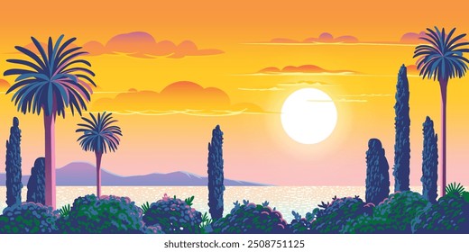 Paisagem romântica mediterrânica com plantas tradicionais, palmeiras e ciprestes na frente e ilha e mar no fundo. Ilustração de vetor de desenho artesanal.