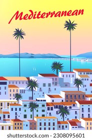 Mediterranean romantic landscape with village in the first plan, sea and mountains in the background. Handmade drawing vector illustration. Can be used for posters, banners, postcards, books etc.