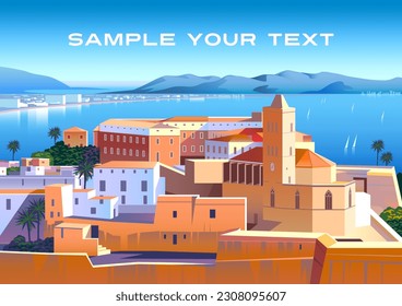 Paisaje romántico mediterráneo con pueblo en el primer plano, mar y montañas en el fondo. Ilustración de vector de dibujo hecha a mano. Se puede usar para afiches, pancartas, postales, libros, etc.