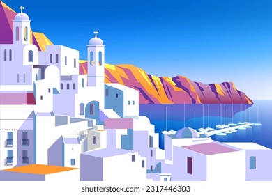 Mediterranean romantic landscape with village in the first plan, sea and island in the background. Handmade drawing vector illustration. Can be used for posters, banners, postcards, books etc.