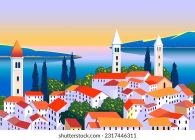 Mediterranean romantic landscape with village in the first plan, sea and islands in the background. Handmade drawing vector illustration. Can be used for posters, banners, postcards, books etc.