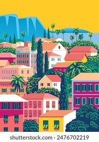 Mediterranean romantic landscape with village in the first plan, sea and mountains in the background. Handmade drawing vector illustration. Can be used for posters, banners, postcards, books etc.