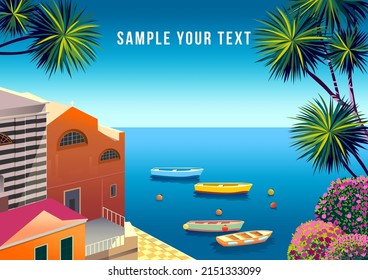 Mediterranean romantic landscape with village, flowers, boats and the sea in the background. Handmade drawing vector illustration. Can be used for posters, banners, postcards, books  etc.