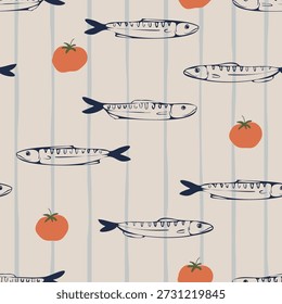 Sardinha mediterrânea e padrão sem emenda do tomate. Vetor de frutos do mar caprichado à mão para têxteis de cozinha, guardanapos e decoração interior costeira