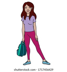 Mediterranean schoolgirl with leggings and schoolbag. teenager, student, fashion, full body, isolated, cartoon.