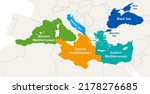 Mediterranean Sea and the Black Sea marine waters, political map. Geographic subregions for fisheries and aquaculture management. Western, Central and Eastern Mediterranean, Adriatic and Black Sea.